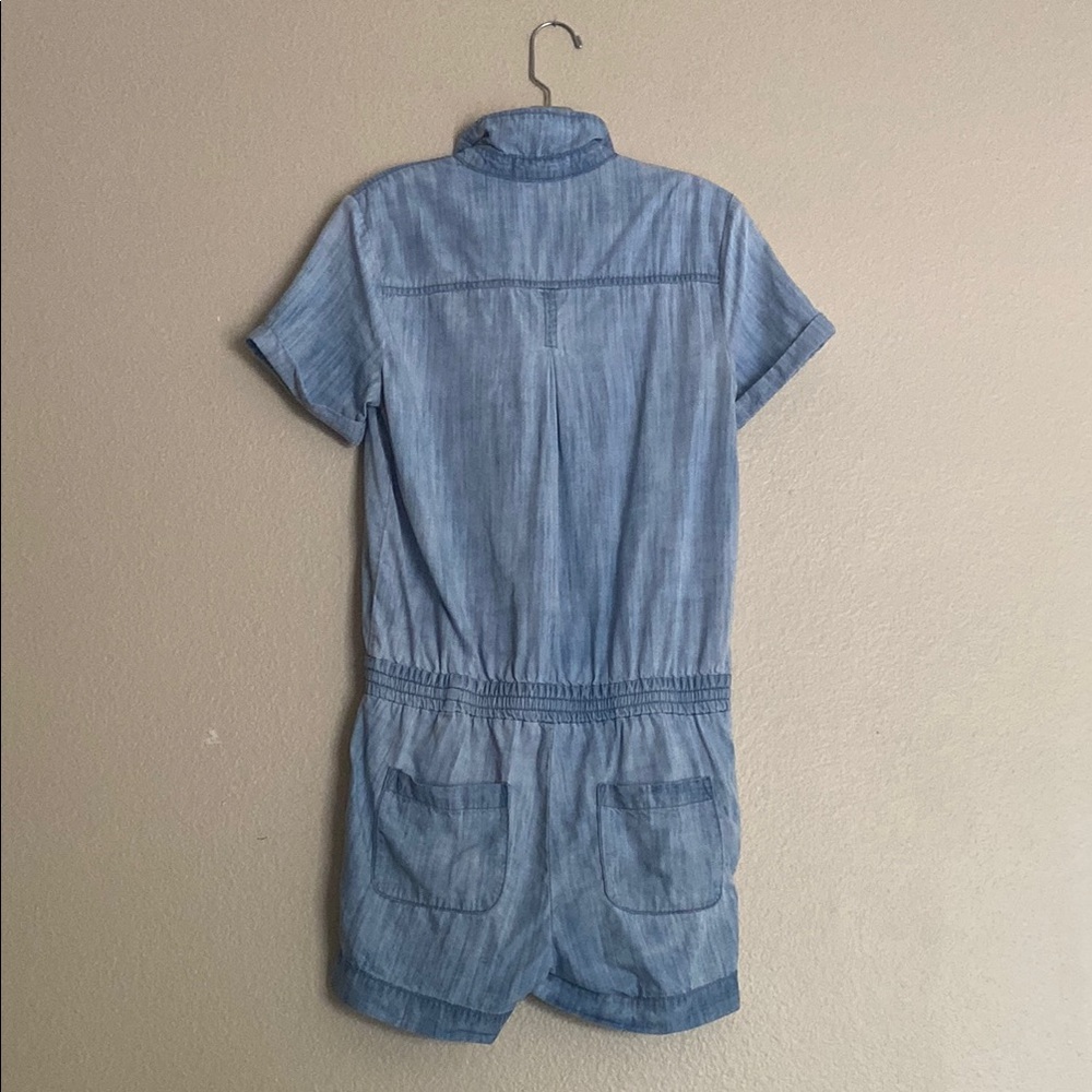 Side Stitch Denim Button Front Chambray Romper, Pockets, Tie Waist, Size Small - Picture 3 of 15
